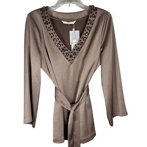 Trina Turk Blouse Size L Embellished Top Taupe V Neck